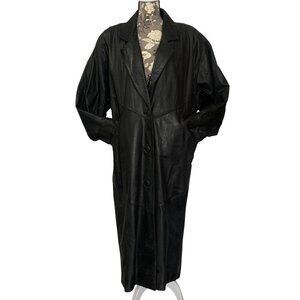 Vintage 1980s Black Leather Trench Coat Duster Womens Size Large By G3, GIII